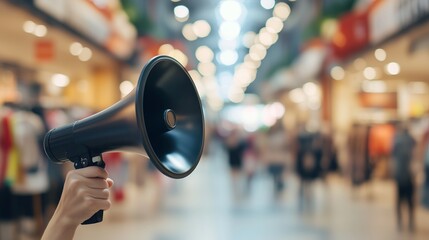 A hand holding a black megaphone against the background of blurred shop windows and people in a shopping center.