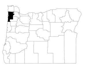 Map of tillamook County in Oregon state on white background. single County map highlighted by black colour on Oregon map. UNITED STATES, US