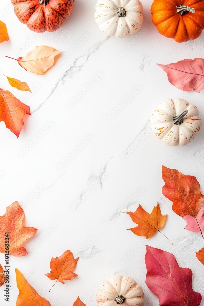 Wall mural On a light surface, generative AI pumpkins and autumn leaves stand out against a fall background