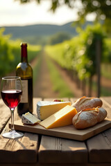 
French cheese platter with baguette, wine, and glass on a wooden table in a vineyard setting during a sunny day