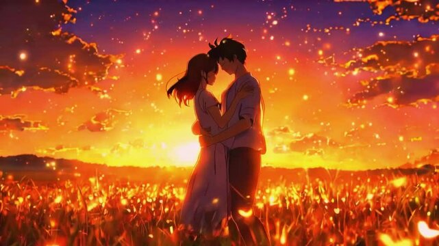 Animated virtual backgrounds cozy couple slow dances in the middle of a field, with soft glowing lights. lofi music 2D 4k Lofi Japanese manga Anime-style Looping hip hop Music Video Background