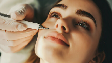Obraz premium Close up face of a young woman preparing for a facelift procedure with her doctor using a skin marker at modern surgical clinic