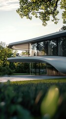 Contemporary architecture featuring a sleek design amidst lush greenery and natural light.