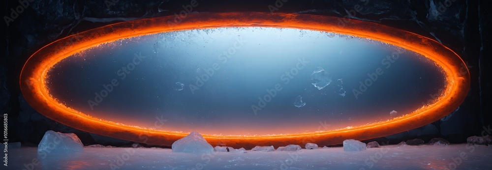 Poster orange, ellipse neon light outline set on a cold, icy surface with scattered transparent ice chunks,