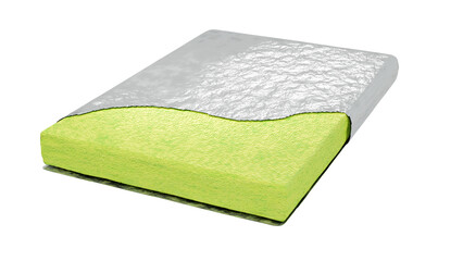 A cross-section of a thermal insulation material showing a green foam layer with a reflective silver foil on top isolated on white background. 3d render.