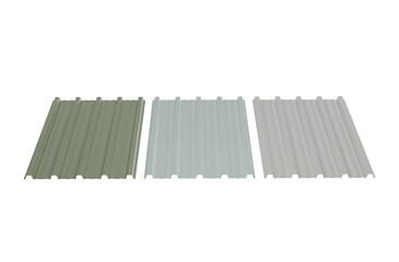 Three trapezoidal roofing sheets are shown in different colors: green, white, and gray. metal sheet roofing isolated on a white background. 3d render.