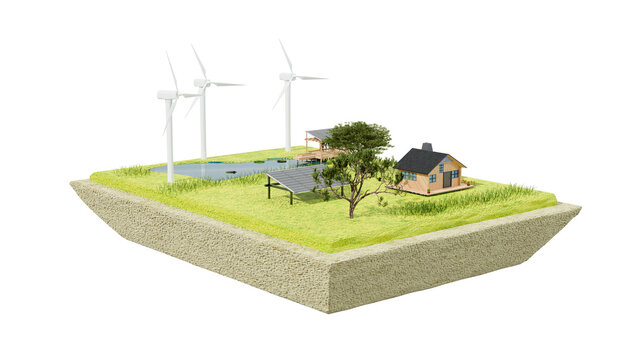 A sustainable eco-friendly community on a floating island. Wind turbines, solar panels, and a small wooden house with a pond and trees create a harmonious and self-sufficient environment. 3d render.