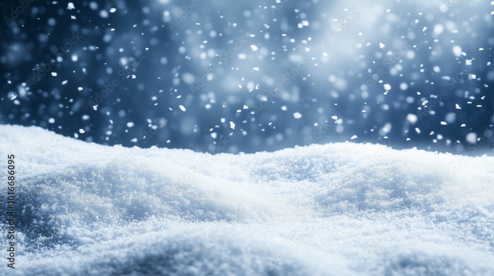 Poster enchanting winter scene with falling snow and warm glowing bokeh, creating a magical atmosphere.