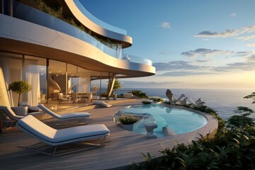 Fototapeta premium Cozy modern living room featuring warm wood accents and a stylish fireplace