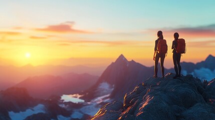Fototapeta premium Two hikers admire a vibrant sunset from a mountain peak, showcasing adventure and nature's beauty.