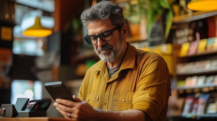 A mature man with gray hair and a beard sits in a cozy cafe setting, carefully looking at the smartphone screen. A man shopping on his phone or chatting with friends.