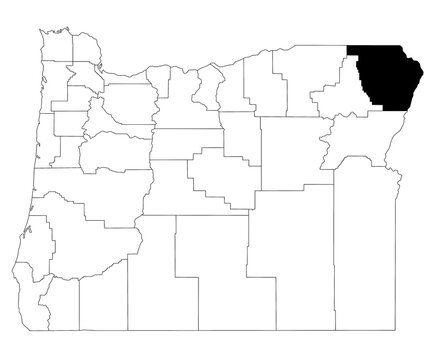 Map of wallowa County in Oregon state on white background. single County map highlighted by black colour on Oregon map. UNITED STATES, US