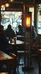Fototapeta premium Cozy cafe scene with warm lighting, featuring patrons enjoying their drinks and lively conversations on a winter day.