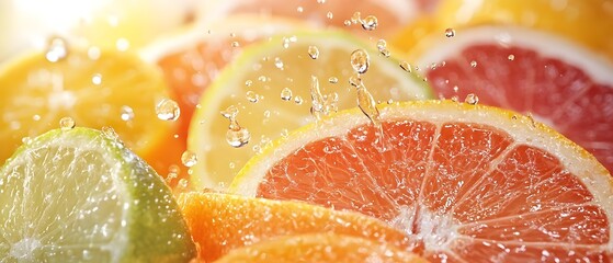 Juicy citrus fruits like oranges lemons and grapefruits being sliced open with vibrant spraying droplets of juice against a bright fresh and colorful background
