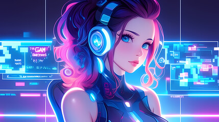 Cyberpunk girl gamer with vibrant neon hair in a high-tech setup.