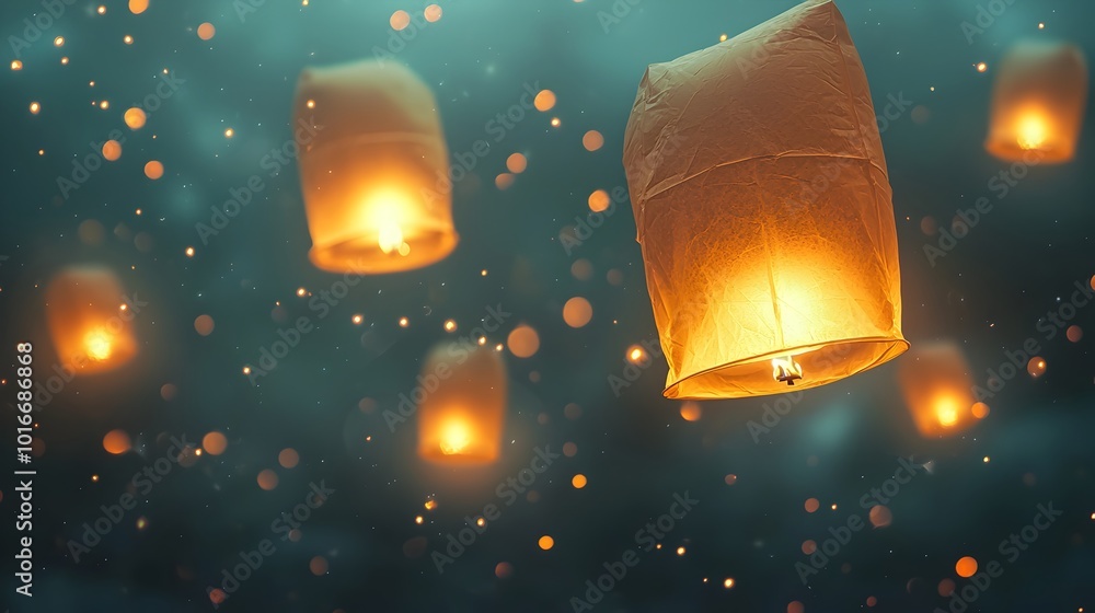Poster ethereal glowing lanterns floating in the soft evening sky with serene halos and mystical background