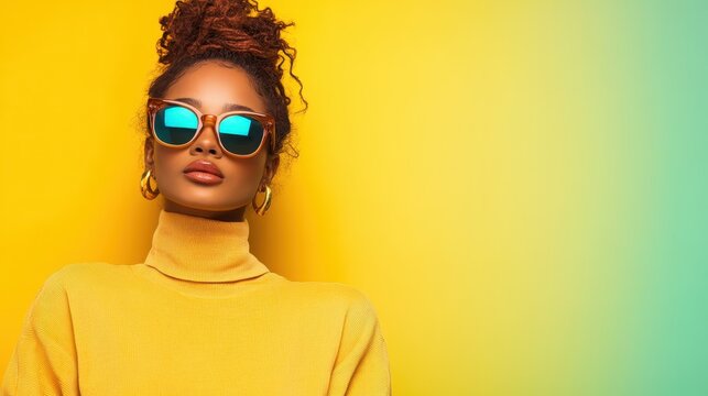 A woman dressed in yellow with chic sunglasses against a vibrant yellow background, conveying confidence, creativity, and modern fashion sense.