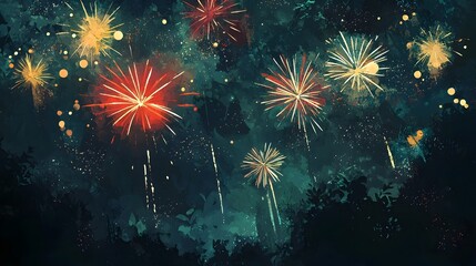 Vibrant Hand-Painted Fireworks Exploding in Colorful over Night Sky