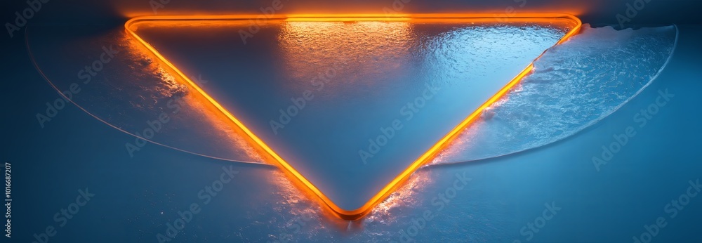 Poster orange, triangle neon light outline set on a cold, icy surface with scattered transparent ice chunks