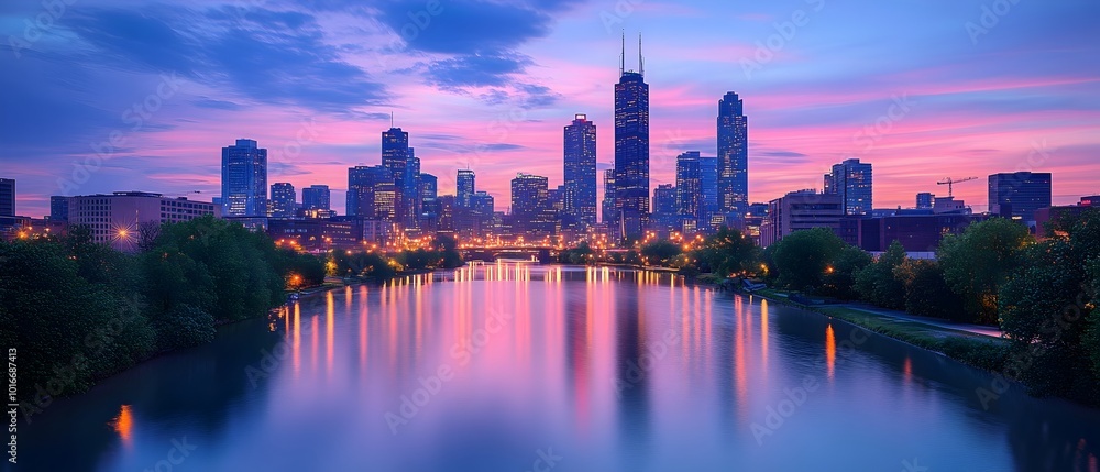 Poster breathtaking view of a modern city skyline at dusk with towering skyscrapers illuminated and reflect