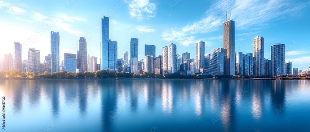 Poster captivating cityscape of a modern urban center at dusk with a glowing skyline of tall skyscrapers re