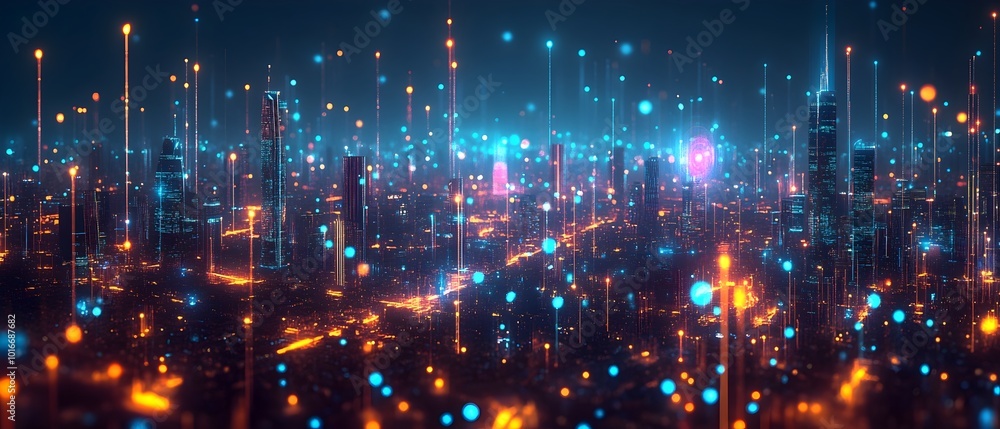 Poster glowing digital data streams flowing through a futuristic virtual cityscape representing innovation 