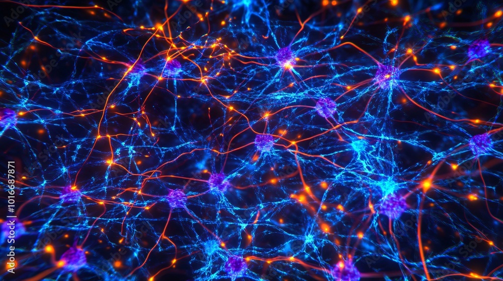 Poster abstract neural network with vibrant blue and purple connections, depicting complex patterns and sig