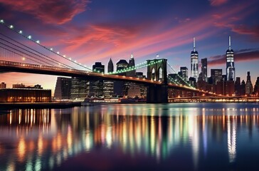 Fototapeta premium Sunset over Brooklyn Bridge with Manhattan skyline reflecting in water