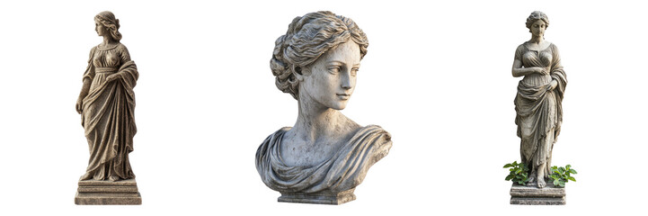 Classical sculptures of Greek and Roman figures ideal for art history illustrations or museum advertisement shown in PNG format with transparent background