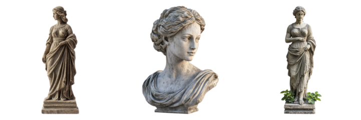 Classical sculptures of Greek and Roman figures ideal for art history illustrations or museum advertisement shown in PNG format with transparent background