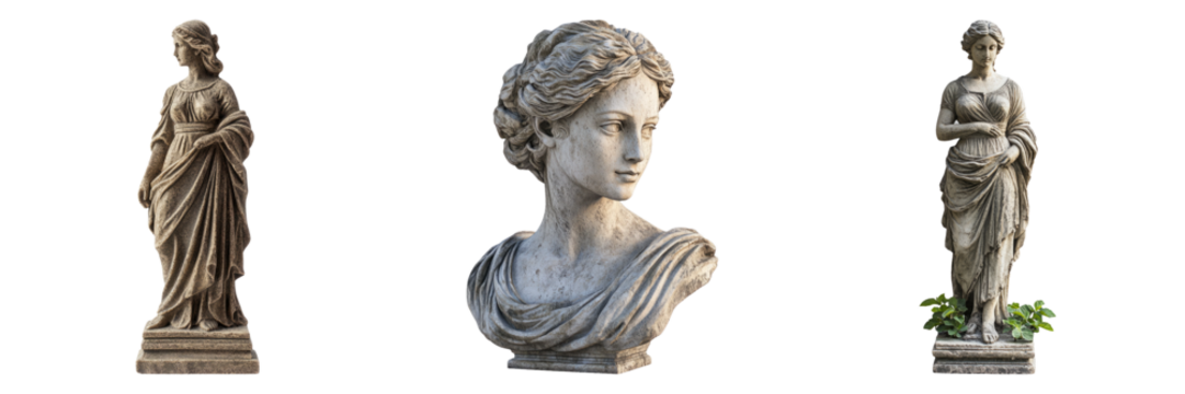 Classical sculptures of Greek and Roman figures ideal for art history illustrations or museum advertisement shown in PNG format with transparent background