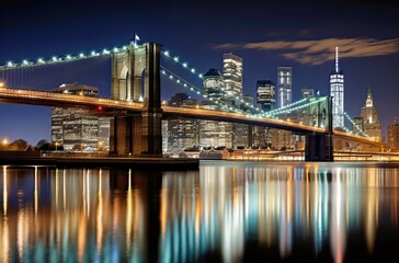 Brooklyn Bridge illuminates the New York skyline at night with reflections