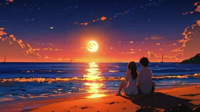 Animated virtual backgrounds cozy couple sits on the sand, sunset fade glowing night. moon rises. lofi music 2D 4k Lofi Japanese manga Anime-style Looping hip hop Music Video Background