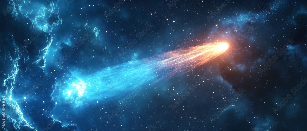 Poster glowing comet streaking across a starry night sky creating a captivating celestial display of cosmic
