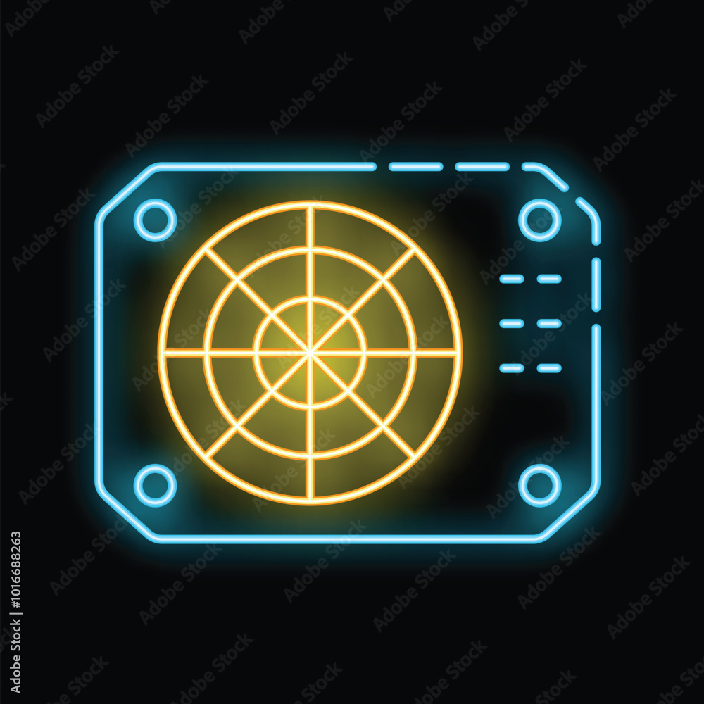 Poster Glowing neon icon of a computer cooler showing rotating fan blades, representing the concept of computer hardware