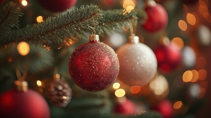 A close-up of sparkling red, gold, and silver ornaments hanging delicately from green branches of a festively decorated Christmas tree. Soft glow from string lights adds warmth. Ample copy space