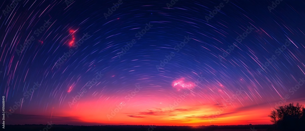 Poster glowing comet trails streaking across a twilight sky creating a mesmerizing cosmic glowtime display 