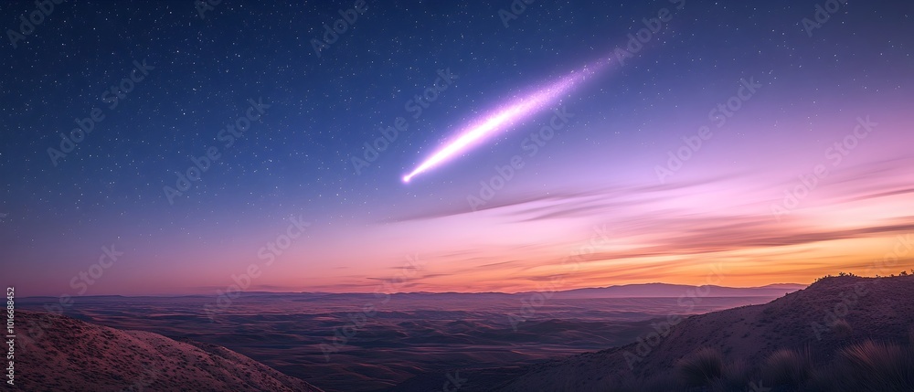 Poster mesmerizing glowing comet trails streaking across a twilight sky creating a cosmic and celestial lan