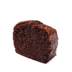 Piece of delicious chocolate sponge cake isolated on white