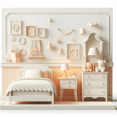 A white bedroom with a bed, nightstand, and dresser. The room is decorated with a lot of pictures and toys, including a teddy bear. The overall mood of the room is cozy and inviting