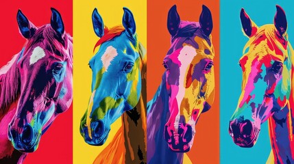 Four horses, each in a different vibrant color, create a bold and modern art piece.