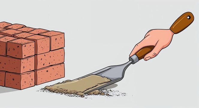 recommend clip art: Hand drawing clipart of a trowel spreading cement on brick on plain white background
