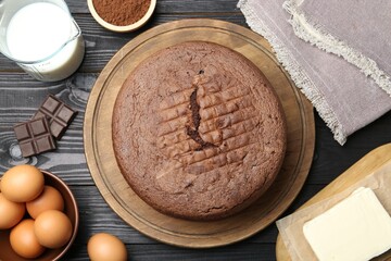 Tasty chocolate sponge cake and ingredients on black wooden table, flat lay