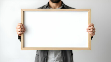 A man is holding a blank whiteboard with a wooden frame in front of him. The whiteboard is large, and the man's hands are visible on the sides of the frame.