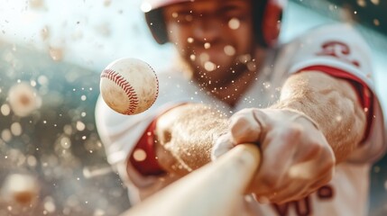 A determined baseball player intensely swinging a bat, with a ball in close proximity, emphasizing precision and strength against a dynamic backdrop of flying debris.