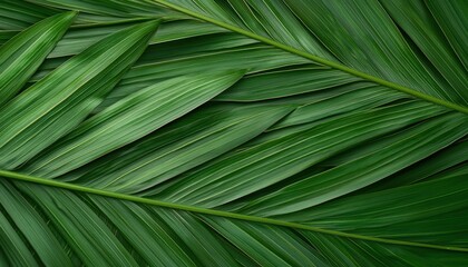 A close-up view of lush green palm leaves, showcasing intricate textures and patterns in nature.