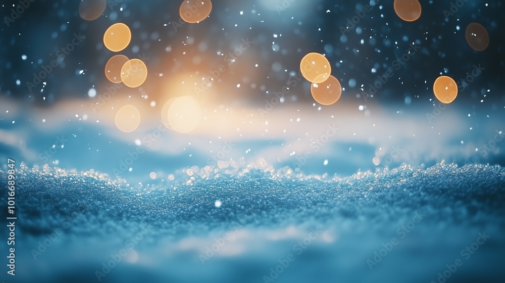 Poster enchanting winter scene with falling snow and warm glowing bokeh, creating a magical atmosphere.