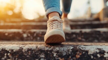 Focused shot of a person's forward foot on rugged, aged staircase, with the ambient glow of the setting sun creating a warm, dynamic atmosphere of motion and hope.