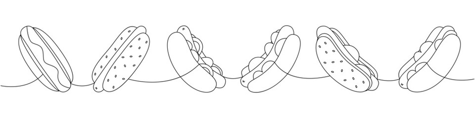 Hotdog set one line continuous drawing. Tasty fast food. Vector linear illustration.