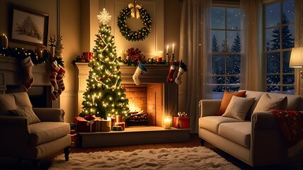 Christmas. Glowing fireplace, hearth, tree. Red stockings. Gifts and decorations.
